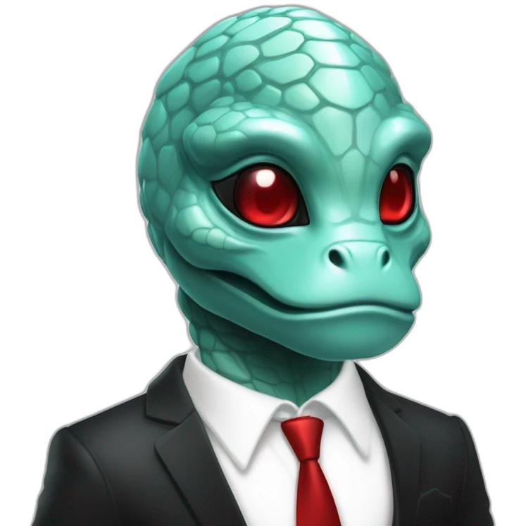 Aquamarine reptilian in classic black suite with red laser eyes on the middle of platinum coin emoji