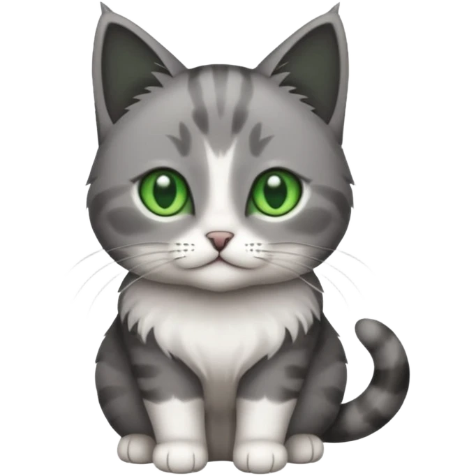 full body small short hair dark grey and white cat with green eyes emoji