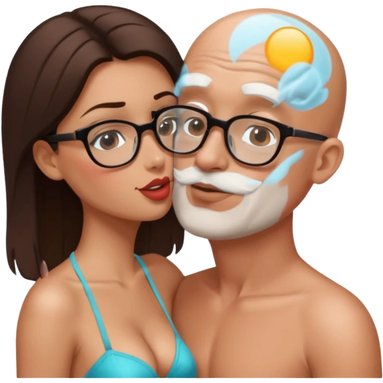 A sexy shirtless brunette kissing a bald man wearing glasses emoji