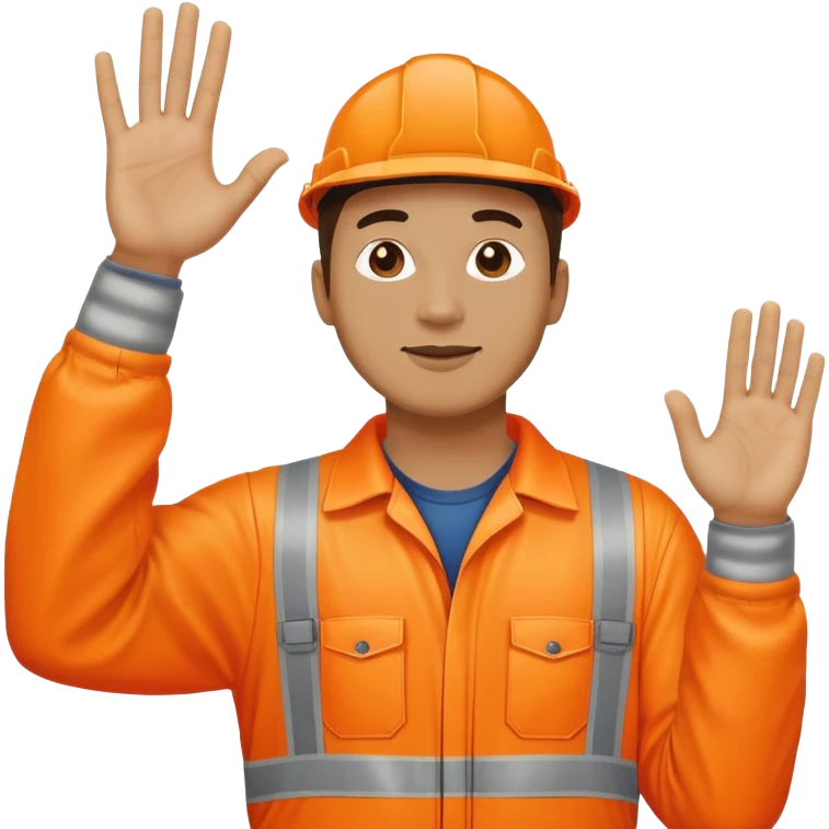 man standing facing away, wearing orange hi visibility overalls  with one arm raised emoji
