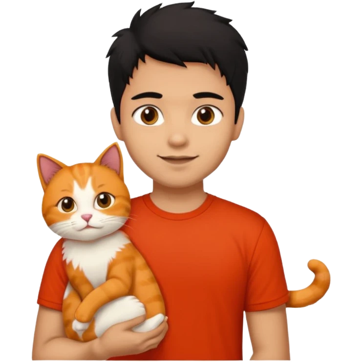 Indian Brown guy with black hair in red t-shit with orange cat emoji