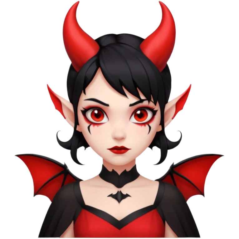 demon girl, skin 100% solid red (no pale/blush), black hair, small horns, pointed ears, bat wing, black open-back dress, bold black outlines, red+black palette emoji