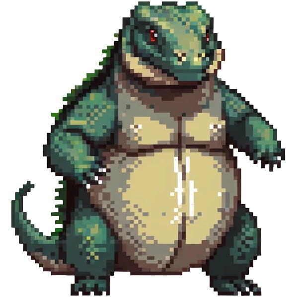 A pixelated fat komodo dragon with a big round belly, mid-hiccup with its body slightly jumping emoji