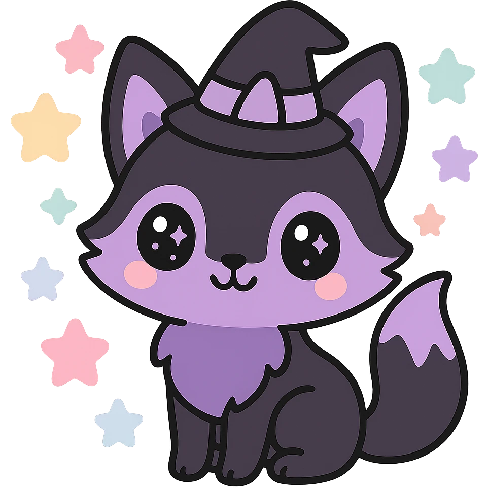 kawaii style magical gothic fox, cute face, black and purple fur, sparkling eyes, wearing a tiny witch hat, surrounded by pastel stars, enchanting and playful emoji