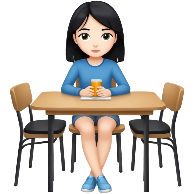 White girl full body sitting at table with black hair looking away emoji