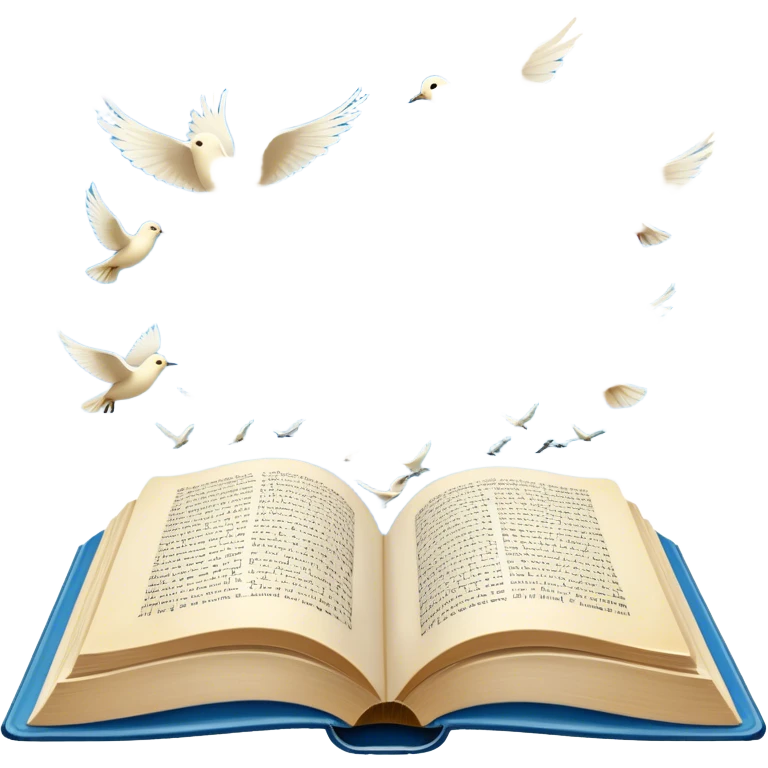 Icon for Poetry Reading: an open book with verses on the pages, from which fly pages transforming into a large flock of small white birds soaring into the blue sky. The icon should evoke the freedom and beauty of poetry. Transparent background. emoji