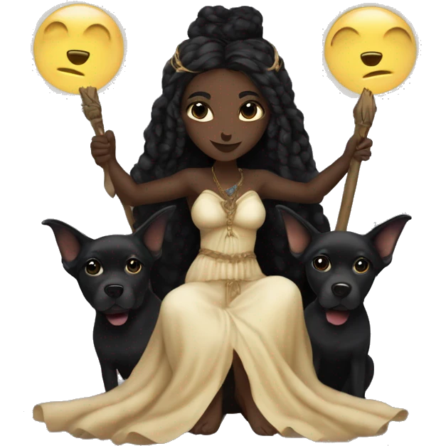 Hekate goddess of the night and magic- triple goddess black hair and two black dogs emoji