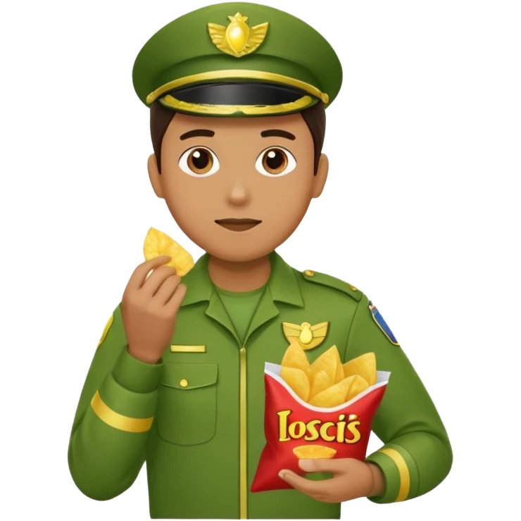 supermarket collegue wearing a green uniform and eating a packet of crisps emoji