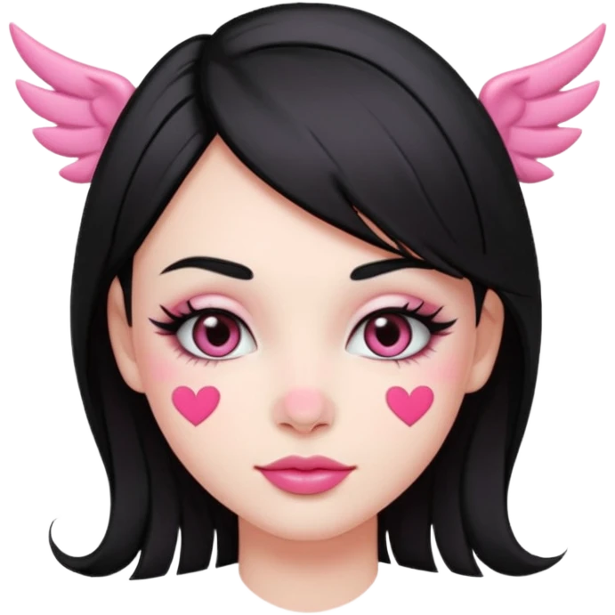 “Emoji girl, pastel pink streaks in black hair hair, bold winged eyeliner, heavy blush on cheeks and nose bridge, under-eye hearts, glossy pink lips, playful smirk.” emoji