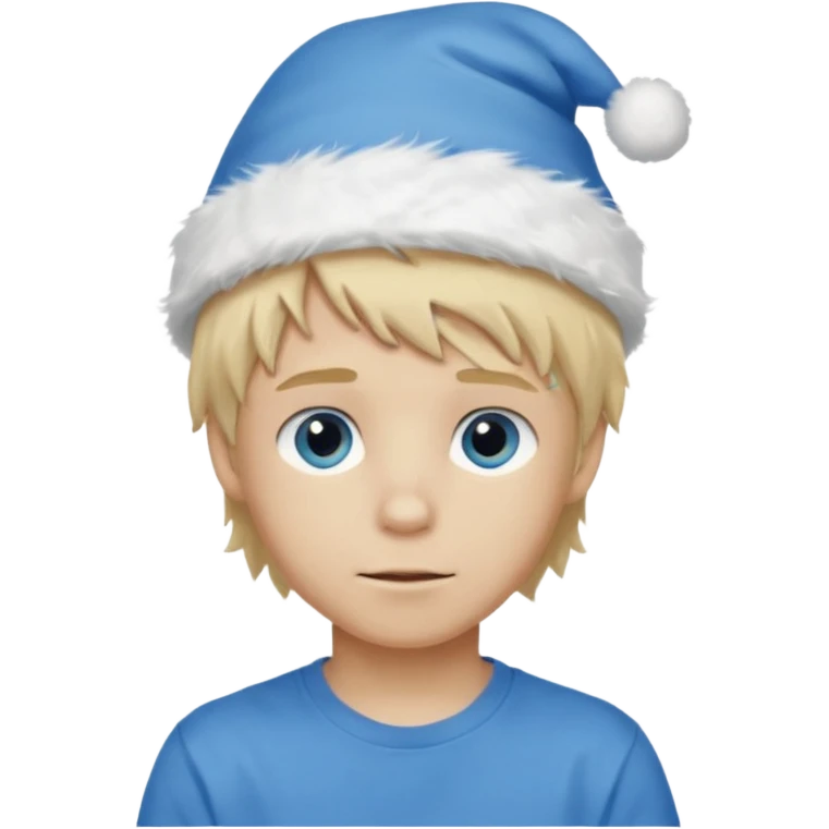 create boy blonde hair long messy, light eyes, white t shirt, rich, long hair, eyes blue, acessory head cristimas blue hat, fluffy hair medium long emoji