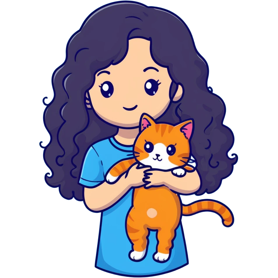 girl with long black curly hair holding a ginger cat emoji