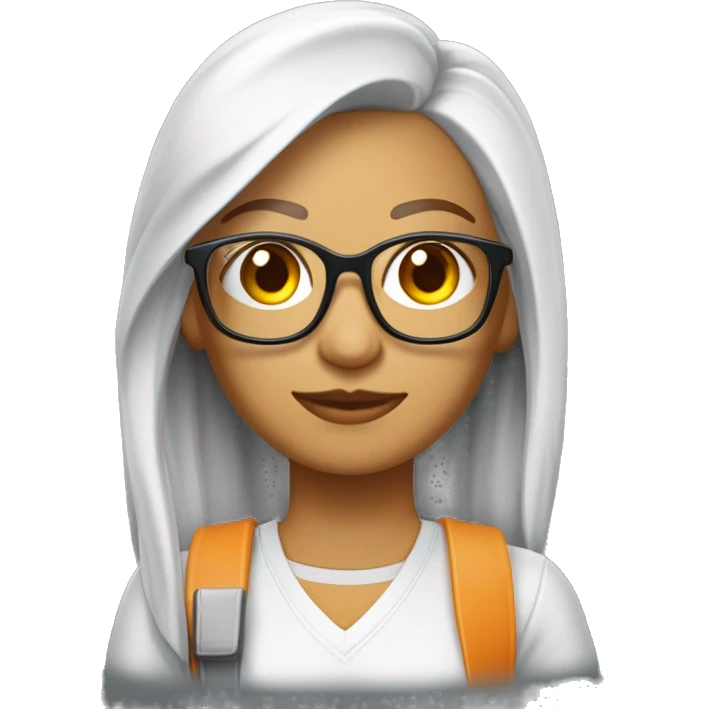 Profesora de plástica con el pelo medio largo rubio anaranjado con los ojos marrones y gafas redondas una camiseta blanca y tejanos y lleva pinceles y colores  emoji