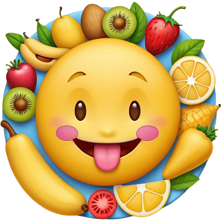joyful face emoji with tongue out, surrounded by various tasty foods emoji