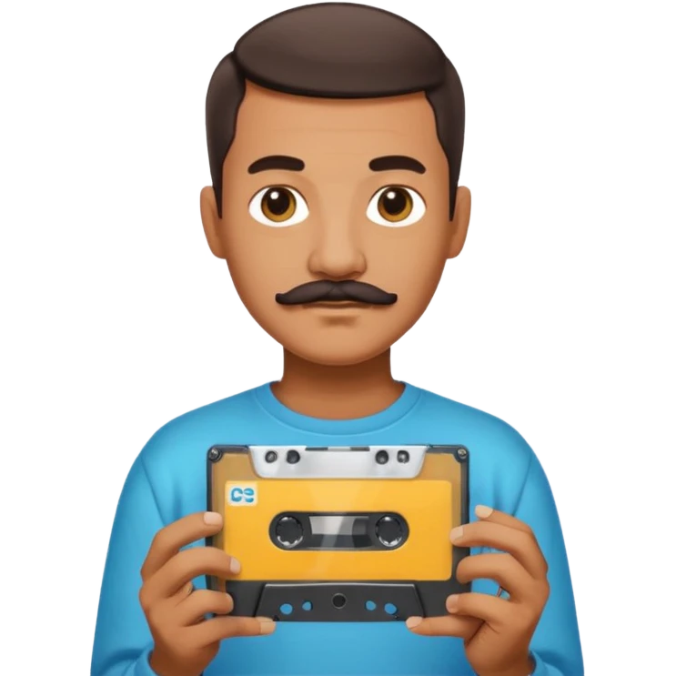 man with mustache and short hair holding a cassette tape, reflecting unique style, simple and clear, no background, Apple emoji style emoji