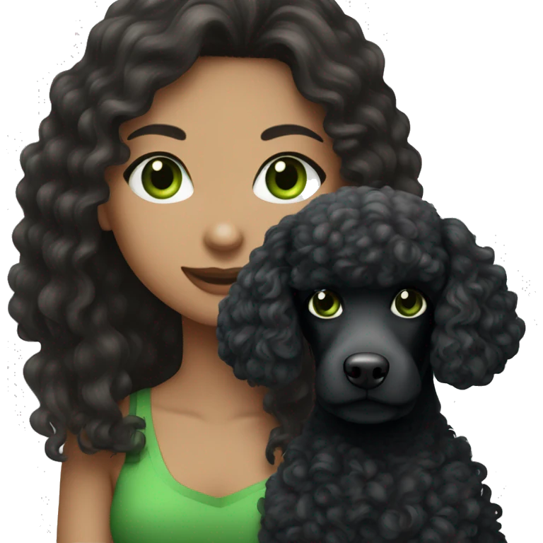 girl with long brunette hair and green eyes with black poodle emoji