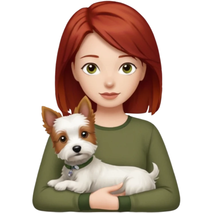 Westie dog being held by woman with dark shoulder length red hair and hazel eye wearing olive green top emoji