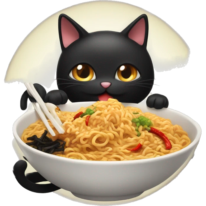 Fluffy black cat eating spicy buldak noodles  emoji