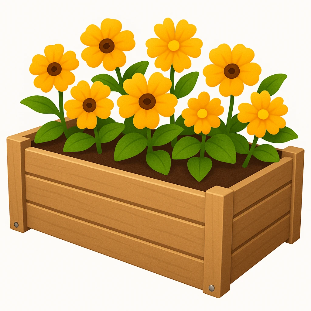 Remix this minimal flower bed in a wooden planter in emoji style. Create three new variations with different flower colors and arrangements, keeping the minimal and wooden planter look consistent. emoji
