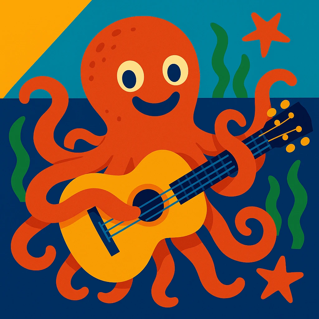 happy octopus with multiple arms playing guitar emoji