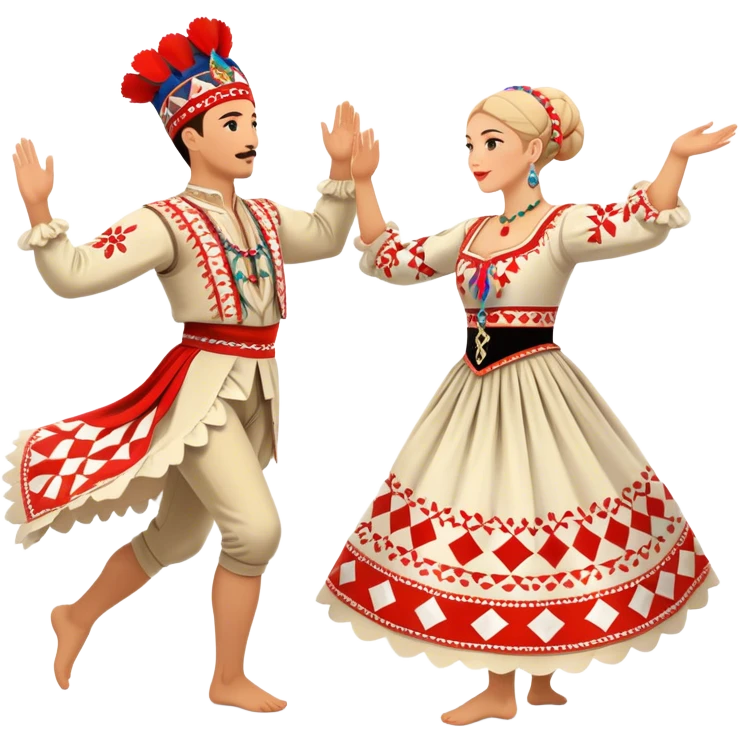 Cinematic Realistic scene of two performers engaging in the Croatian Linđo folk dance, adorned in vibrant traditional costumes with intricate patterns and accessories, captured in graceful, synchronized motion under festive natural lighting. emoji