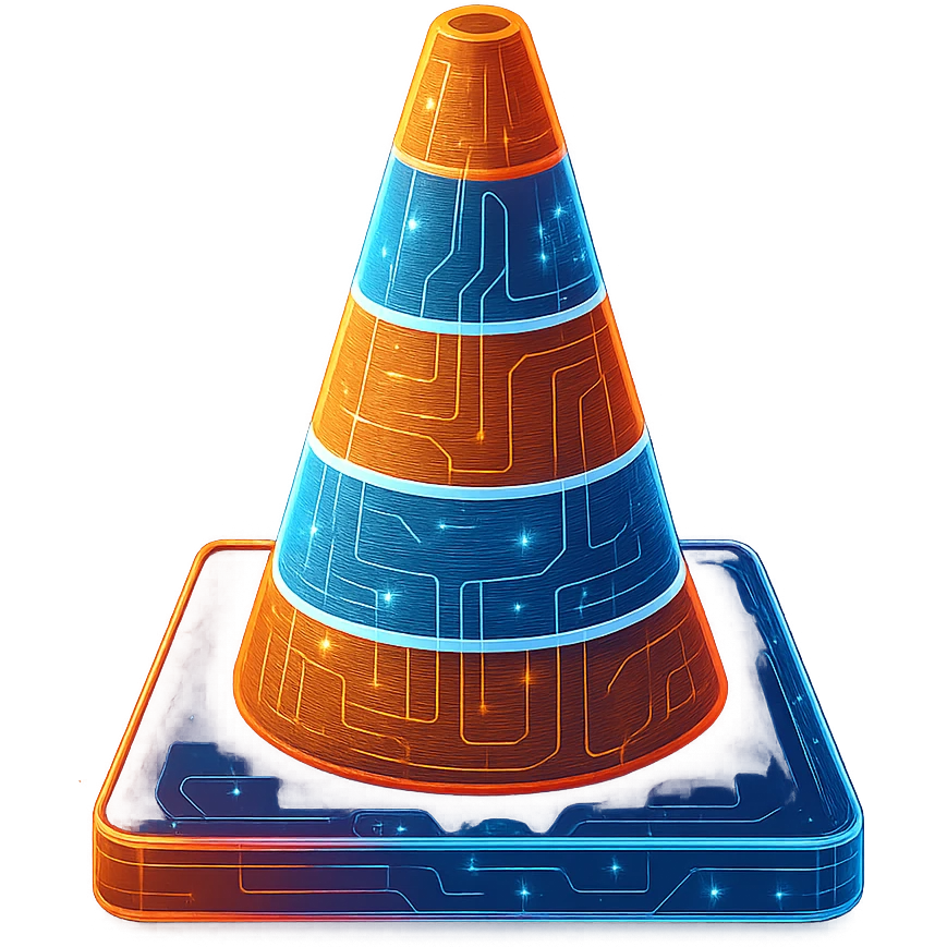 Recreate the VLC cone icon in a cyberpunk, holographic style with glowing neon orange, blue, and pink edges. Include intricate circuit patterns throughout the entire icon. Maintain the recognizable orange and white cone shape and colors, but make the design flat and futuristic with a clean cyberpunk glow and consistent intricate circuit details. The background should be transparent, and the overall style should be flat and futuristic matching cyberpunk aesthetics. emoji