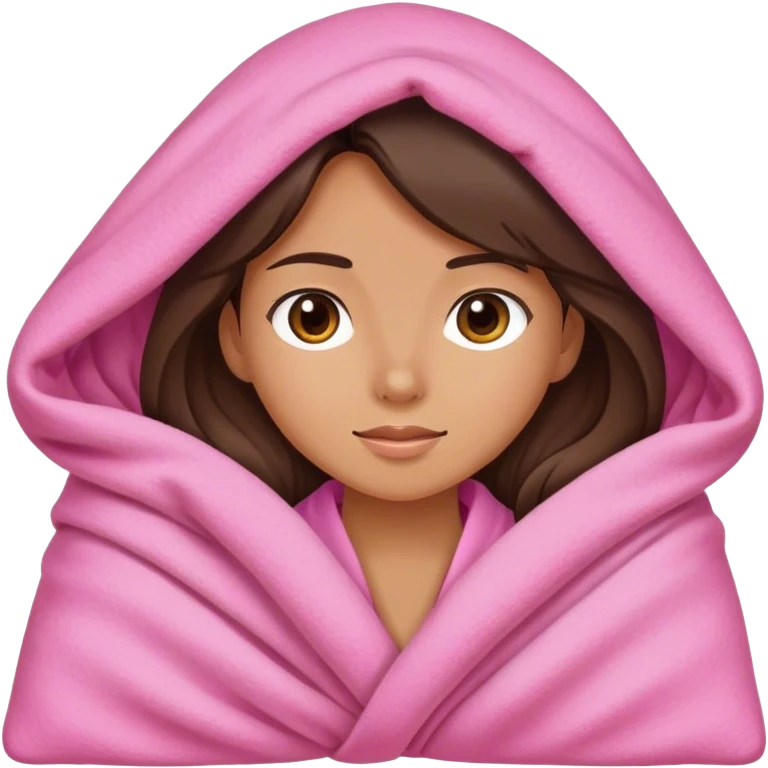 A brunette girl with a pink big cozy blanket emoji