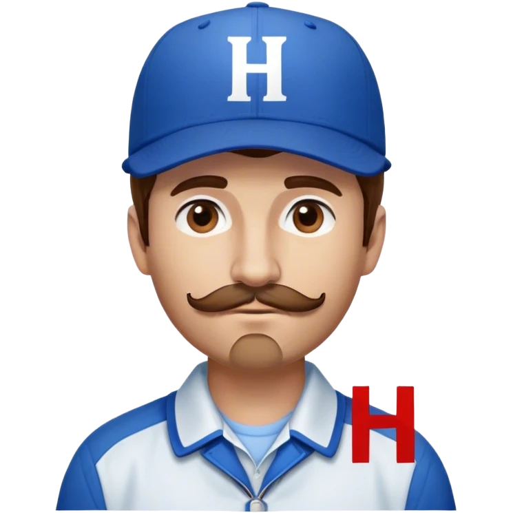 White Man with brown, short mustache, mid-length brown hair wearing blue baseball hat with the letter H on it. He is wearing a collared white dress shirt underneath a blue jacket. emoji