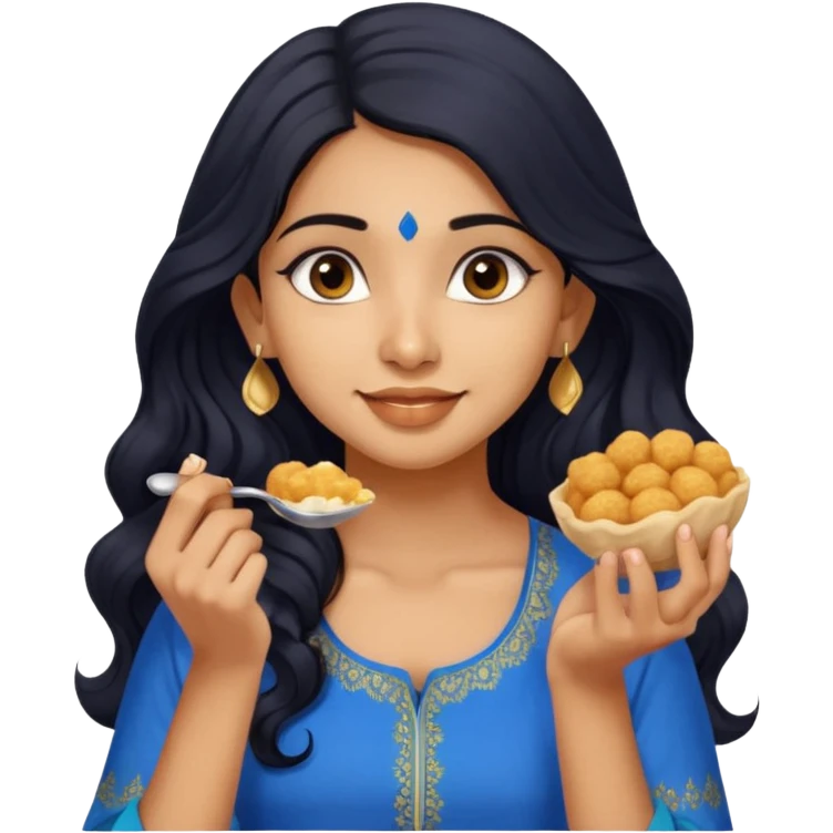 a pretty tan indian bratz girl with wavy long BLACK hair. eyeliner on, wearing a blue kurti, eating golgappa (without spoon) emoji