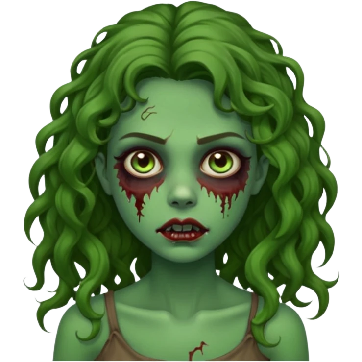 faça uma garota zombie, com a pele verde, cabelo castanho cacheado abaixo do ombro linda emoji