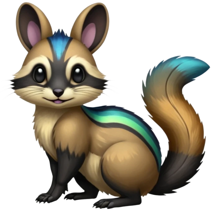 Colorful onyx-obsidian-pitch-black and iridescent Cacomistle-Numbat-Bunny-Ferret-hybrid-fusion-animal-creature, full body  emoji