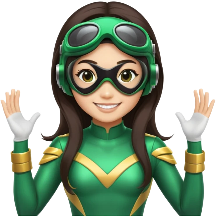 green Power Ranger, Asian girl with long straight dark brown hair, side part, big smile, scuba goggles emoji