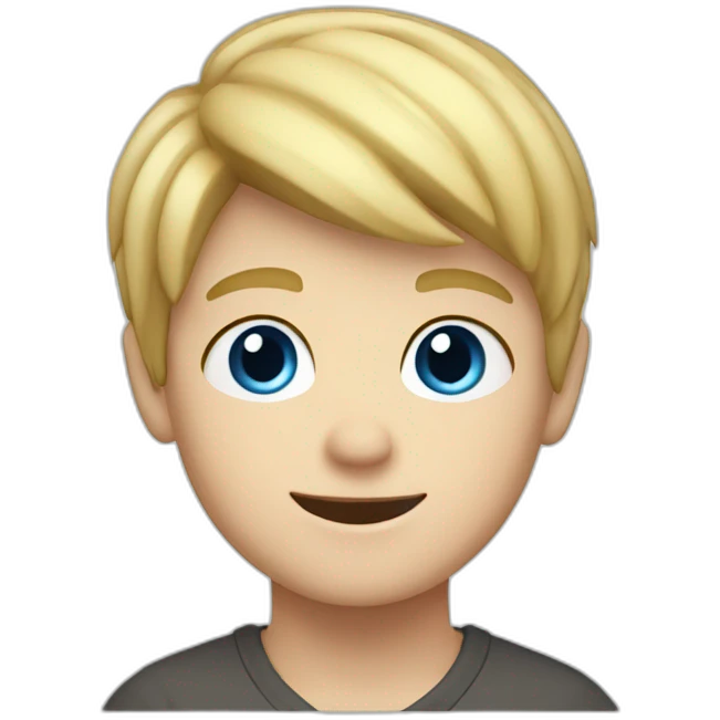 Blonde boy with medium short hair, blue eyes, waving hi to the camera emoji