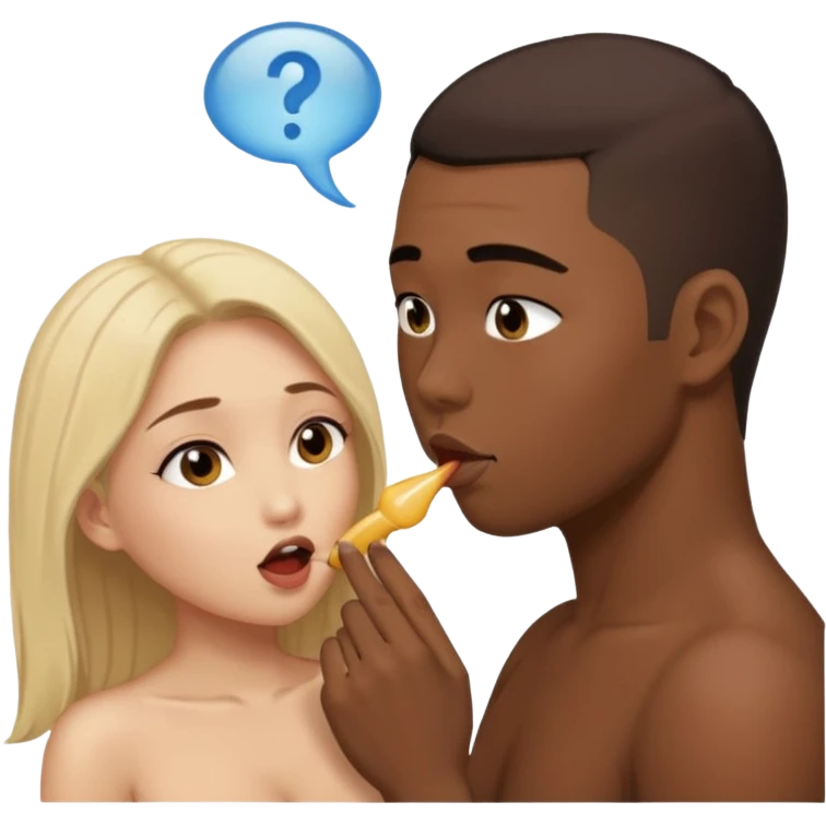 Nude light-skinned female giving fellatio to darker-skinned asian male emoji