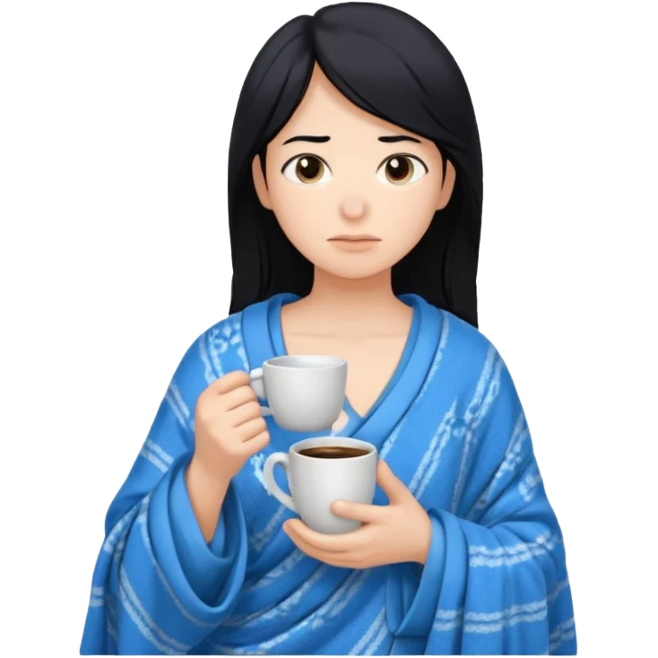 Cabelo preto batendo mais ou menos no peito com uma coberta assim em cima do ombro azul quero um pijama azul com uma xícara de café na mão emoji