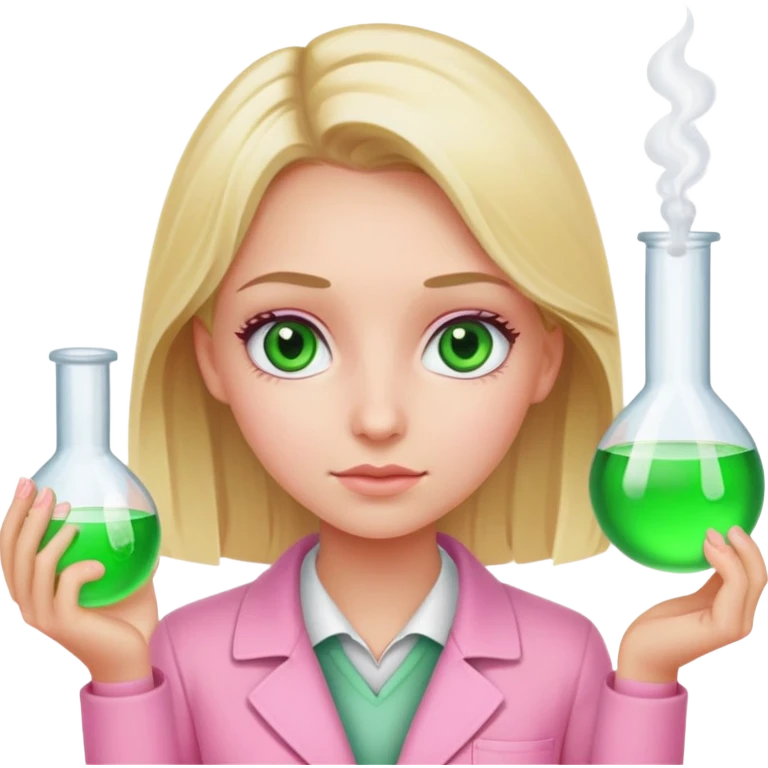 blonde girl with green-grey eyes, dressed in pink clothes, chemist emoji