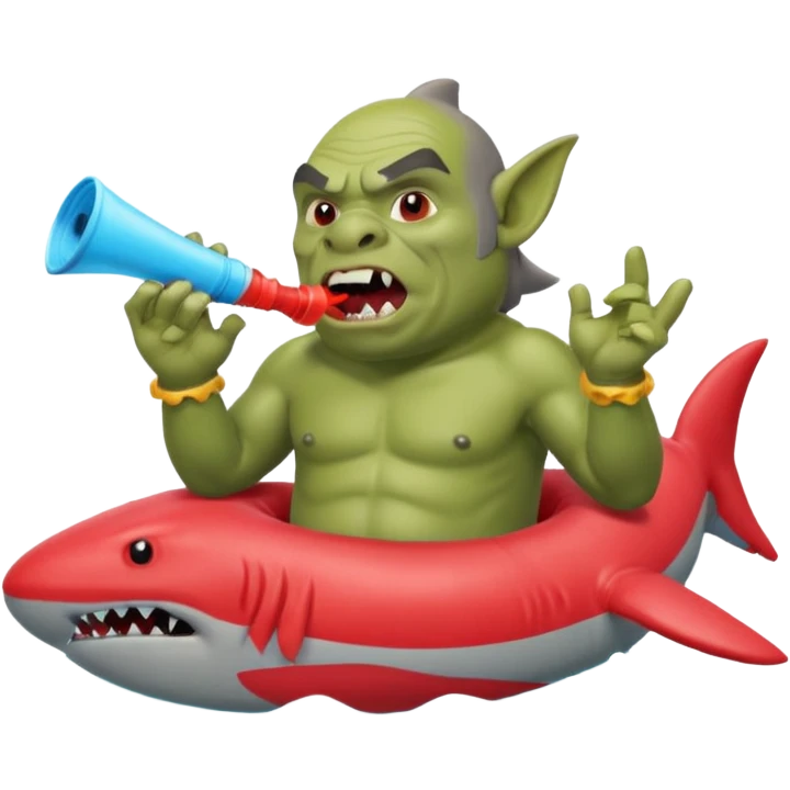 orc male in shark floatie, blowing whistle. Red swim trunks emoji