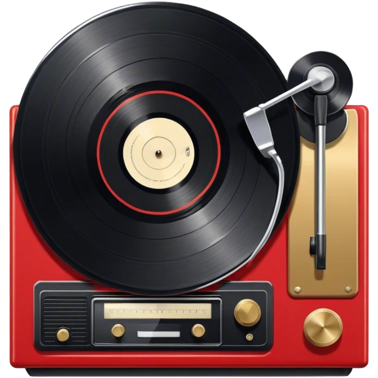 Icon for Vinyl Record Collecting: large black, golden and red vinyl records in decorative packaging featuring artist images, neatly arranged on a wall or shelf, modern vinyl record player. The icon should reflect the aesthetic and artistic aspect of collecting vinyl records. Transparent background. emoji