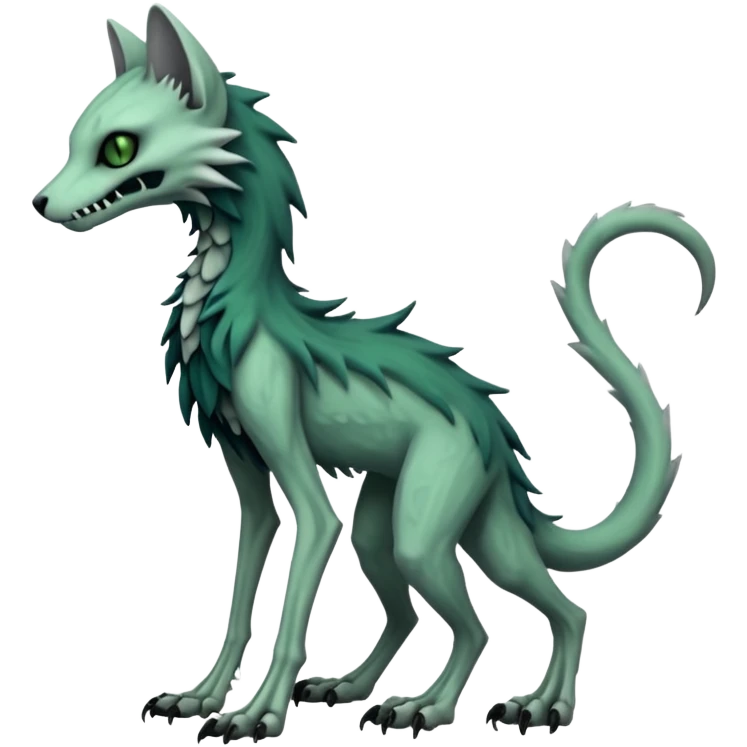 Macabre spectral spooky dark bleak blackish swampy white-skeletal gloomy ghostly dark greyish dark-deep-greenish foggy eldritch beautiful realistic edgy fantasy ghoul-like zombie-like stitched feline-vernid-sergal-fursona animal creature with a tufted tail full body with intricate markings  emoji