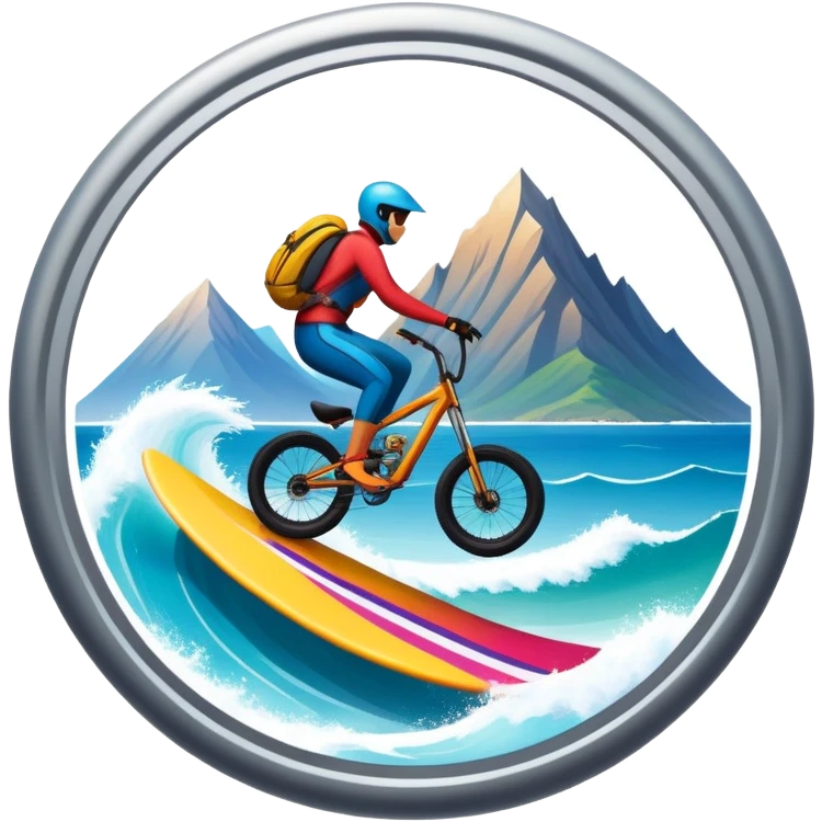 A bold, dynamic emblem combining elements of extreme sports like a mountain, a bike, surfing, ocean and a parachute, all within a circular or shield-like shape. The design conveys speed, adventure, with sharp lines and vibrant colors representing the thrill and intensity of extreme sports. emoji