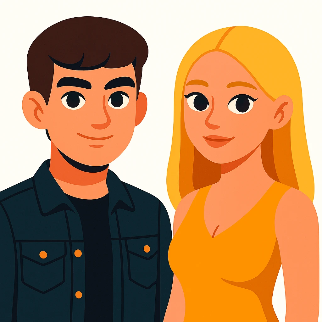 Slightly increase the volume of the upper body of the girl, separate the girl and the boy from each other, make the skin color the same for both. Keep the cartoon style with a white background. emoji