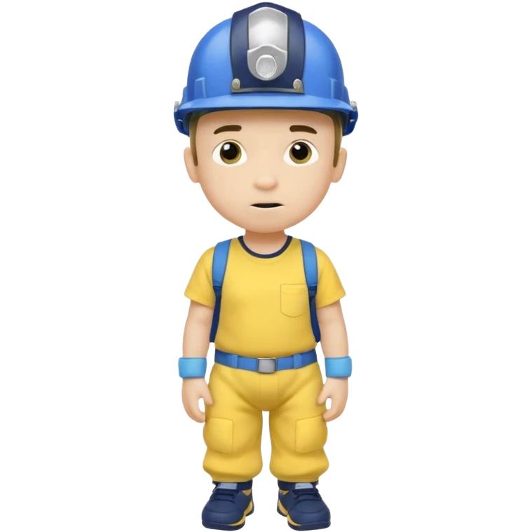 a character with a blue helmet,a pencil up his nose,a yellow shirt what says jeffy,and a nappy/diaper on the outside of hiv navy pants and black shoes emoji