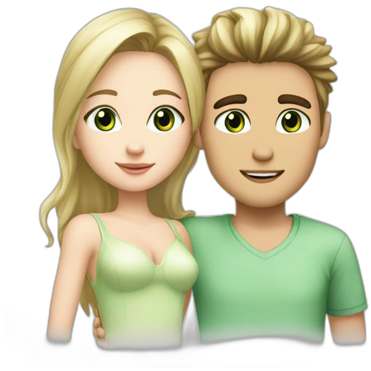  170 cm Blond boy Green  eye kissing brunette girl 160 cm Green eye emoji