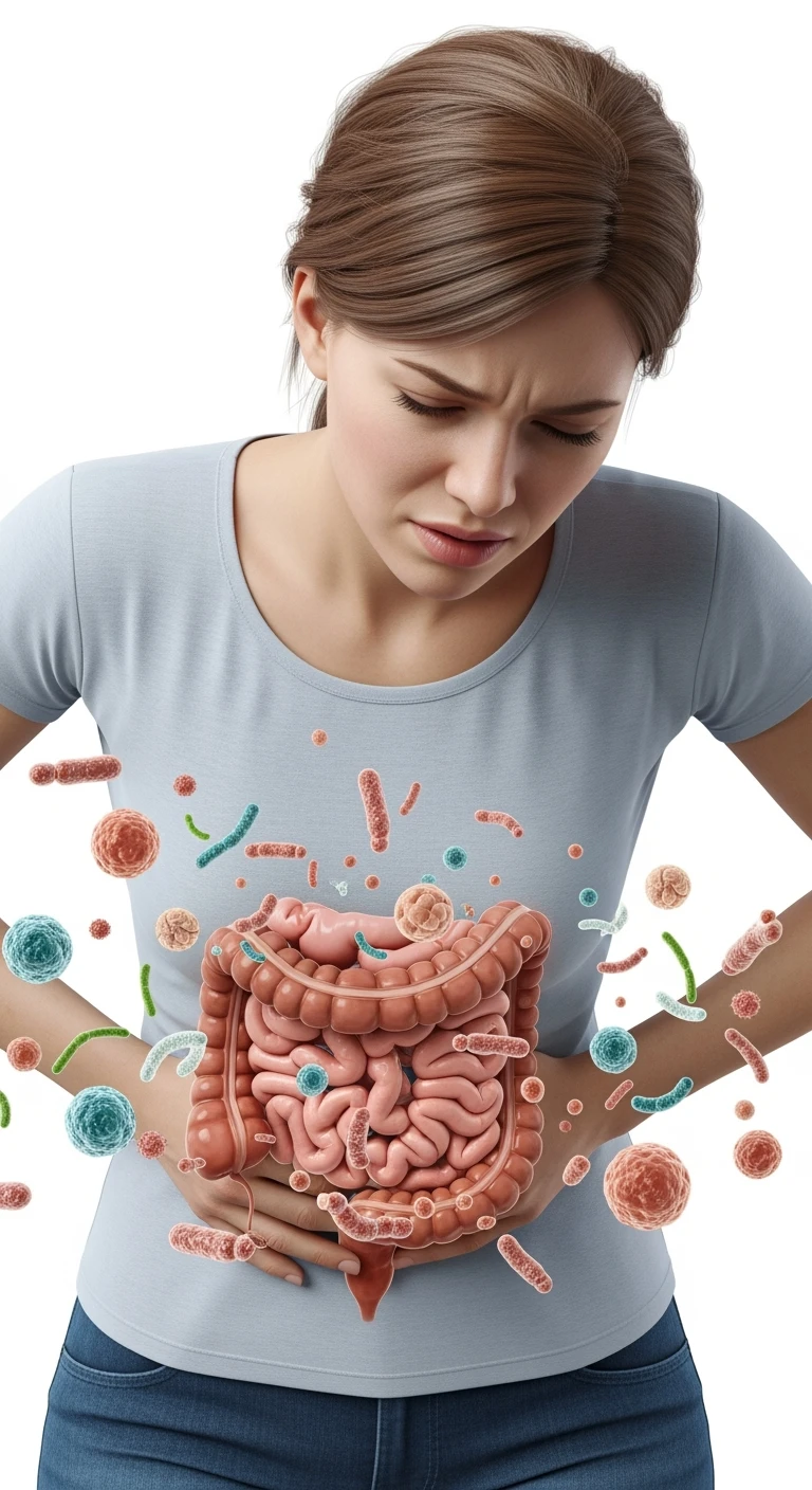 DONNA CON MAL DI PANCIA E INTESTINO UMANO ANATOMICO VISIBILE, BATTERI INTESTINALI FLUTTUANO INTORNO, IPERREALISTICO 4K, SFONDO BIANCO emoji