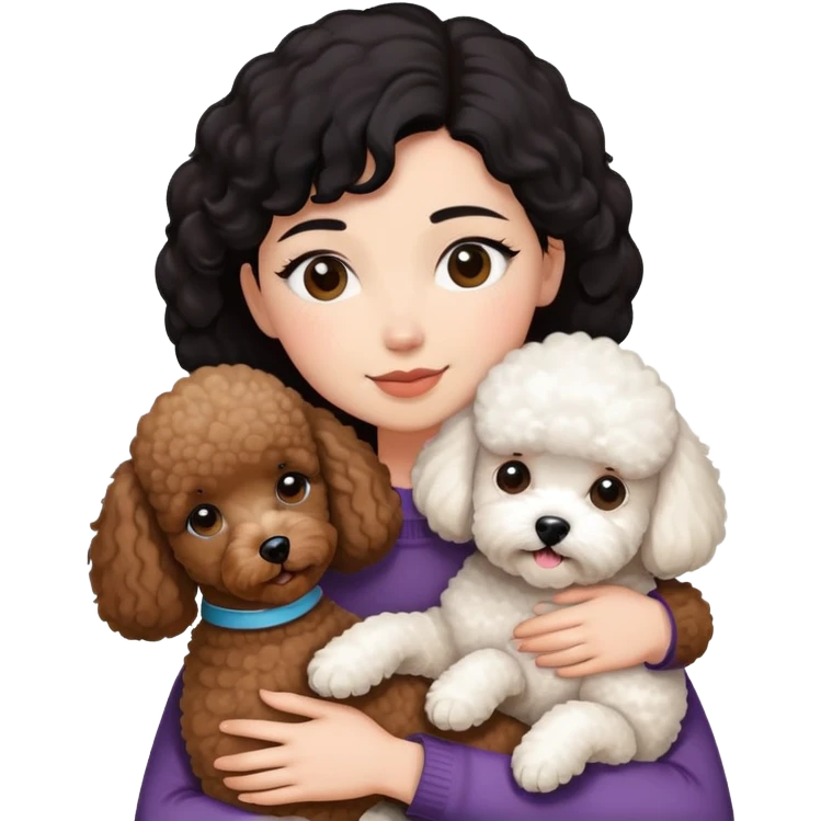 woman with short black hair hugging a brown poodle and a white bichon frise emoji