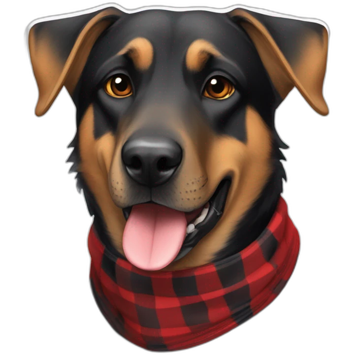 adult 75% Coonhound 25% German Shepherd mix dog wearing small pointed red buffalo plaid bandana emoji