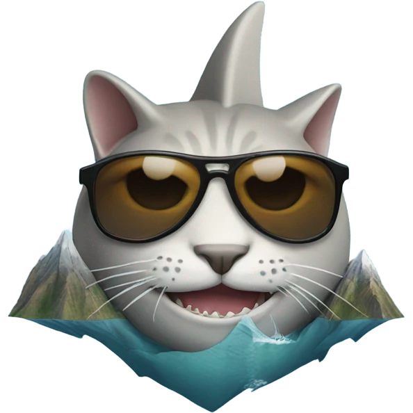 Cat with sunglasses on top of a mountain shaped like a shark emoji