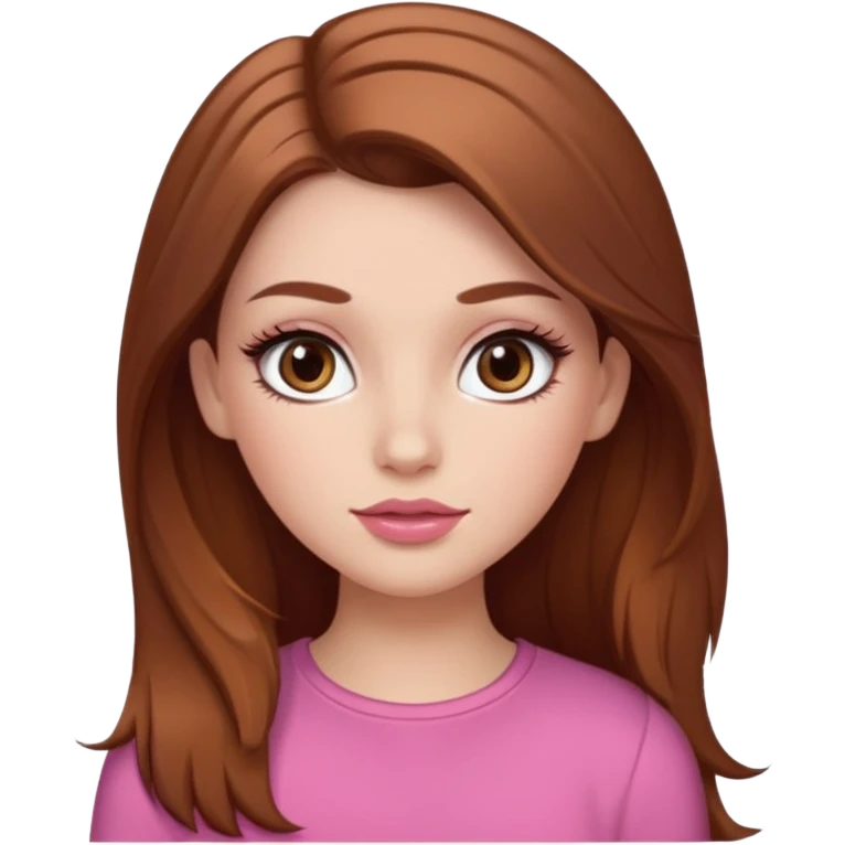 white girl with long brown hair with caramel highlights wearing a white top. Blush on the cheeks and big eyelashes and a brown-pink lip combo  emoji