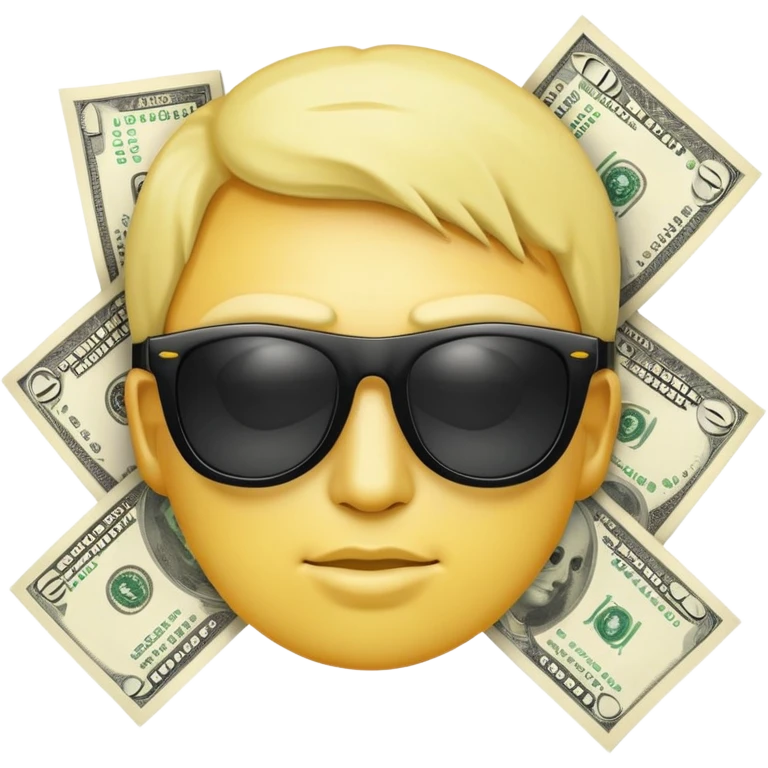 yellow head emoji with dollar bills for eyes, wearing slightly transparent black sunglasses, money symbols on face emoji