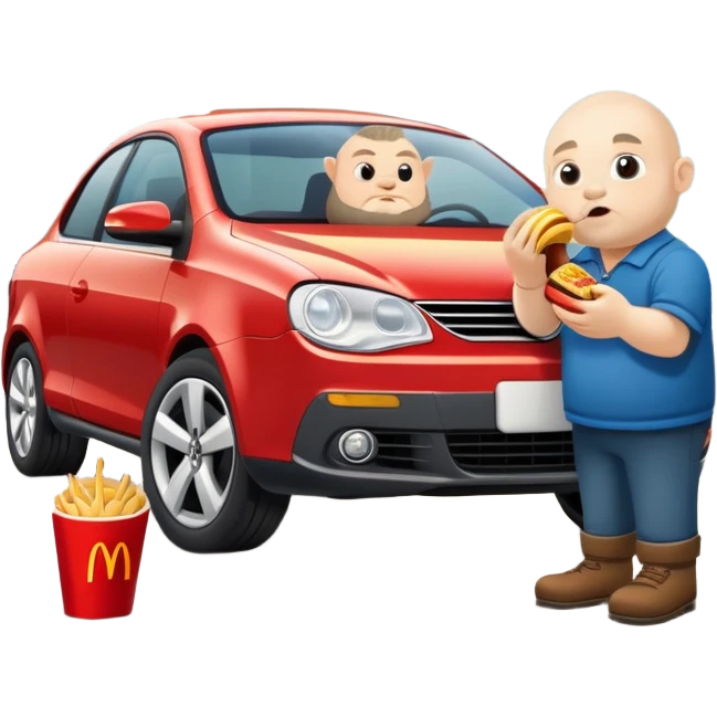 A dwarf eating McDonald's in front of a Volkswagen Eos. emoji