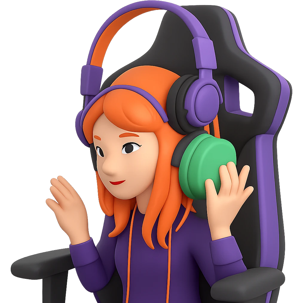 Add a gaming chair behind the streamer with headphones in the style of microsoft style 3d fluent emojis. Keep the 3D emoji style look and no background. emoji